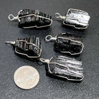 Raw Black Tourmaline Crystal Pendant - Silver Plated Wire Wrapped - view 2