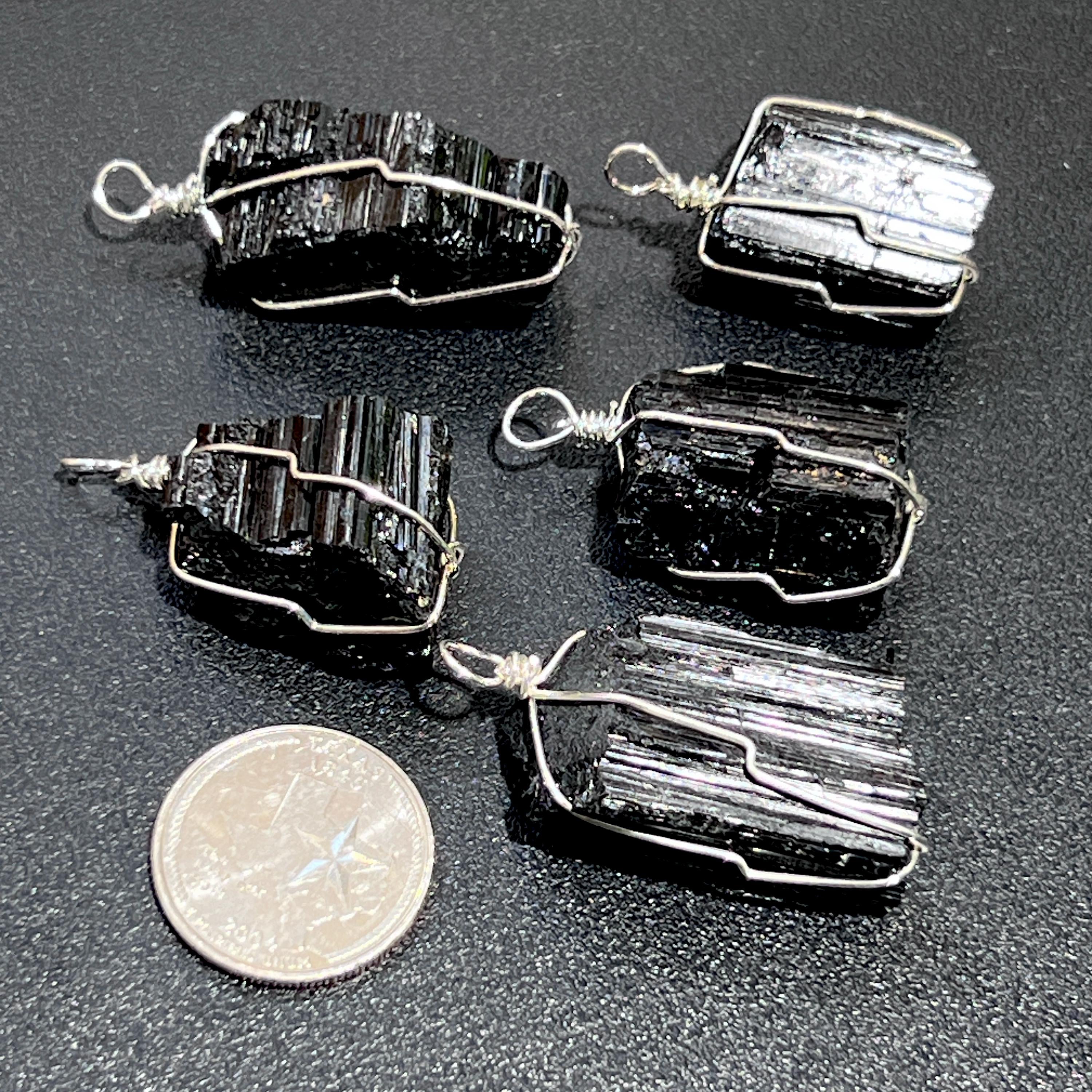 Raw Black Tourmaline Crystal Pendant - Silver Plated Wire Wrapped