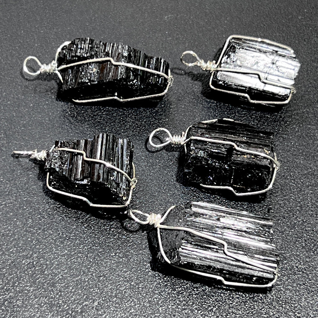 Raw Black Tourmaline Crystal Pendant - Silver Plated Wire Wrapped
