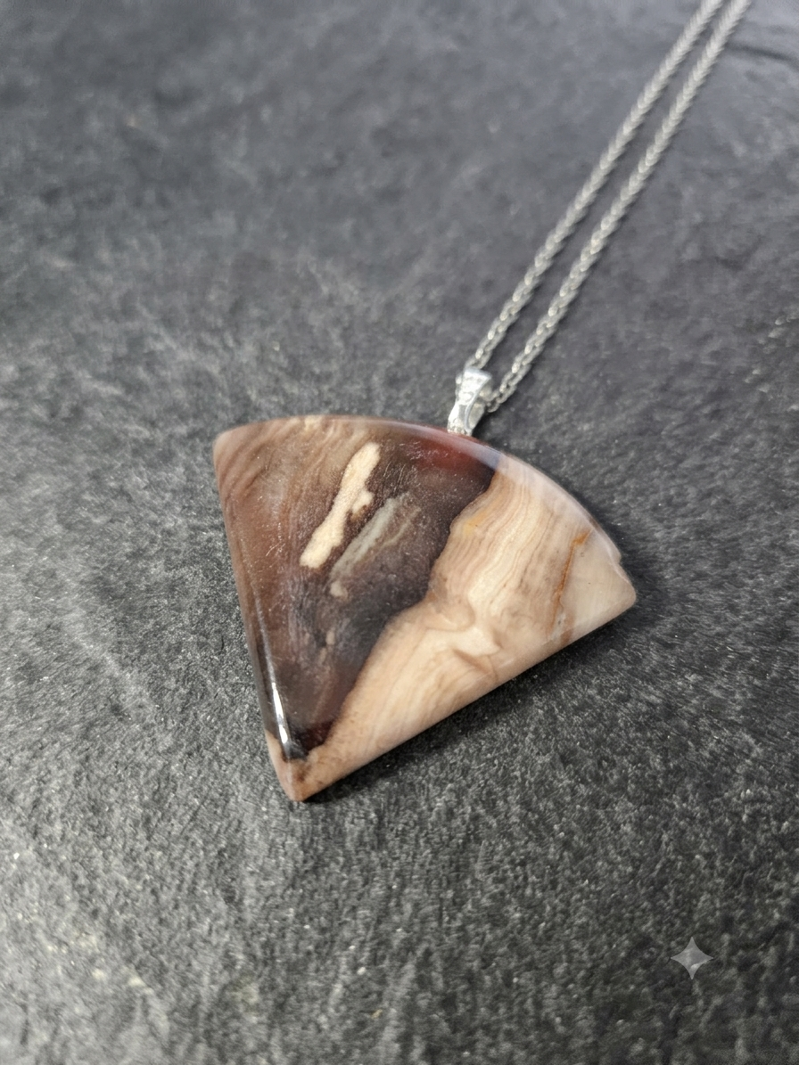 Unique Natural Banded Petrified Wood Triangular Pendant Necklace