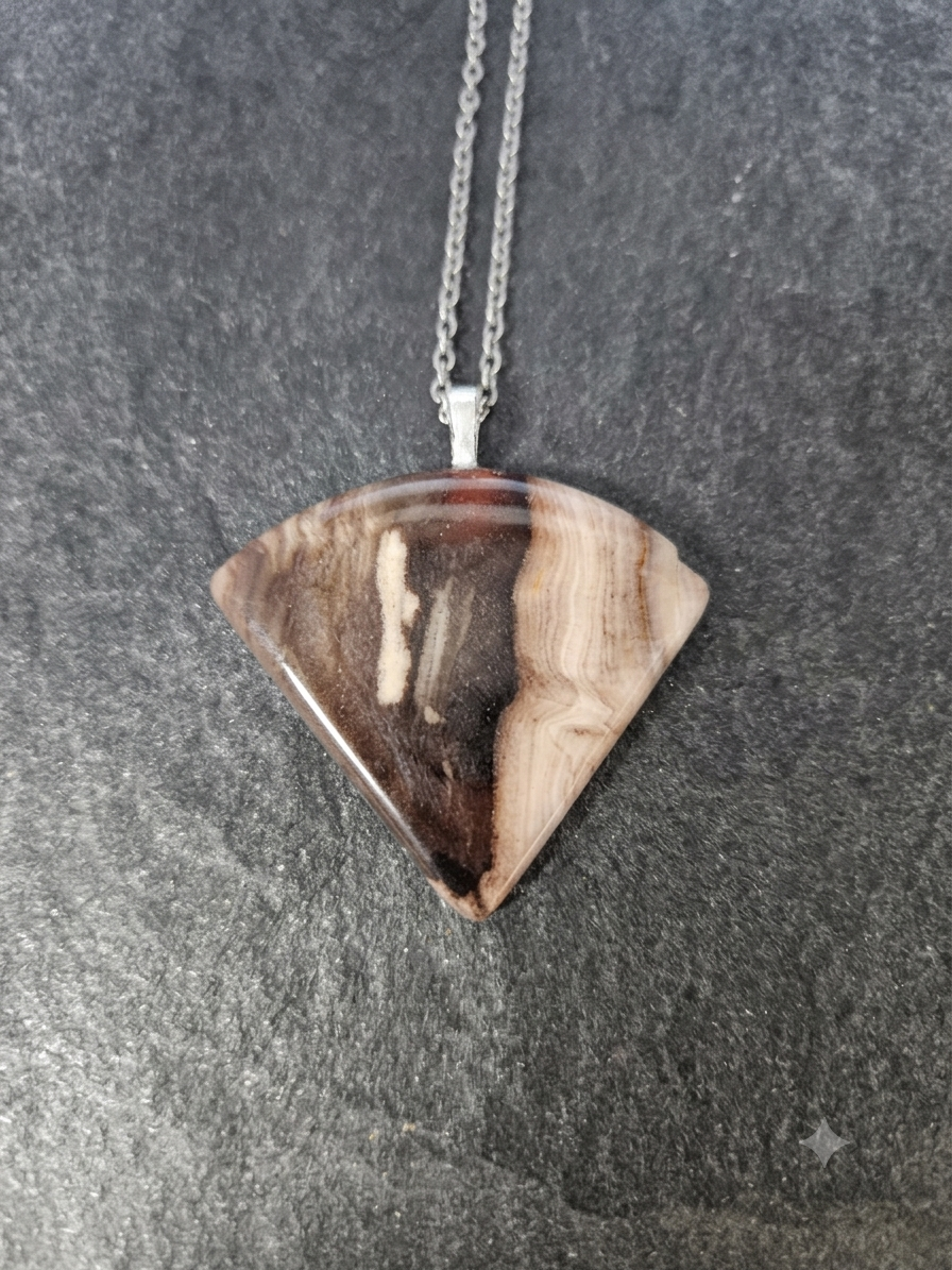 Unique Natural Banded Petrified Wood Triangular Pendant Necklace