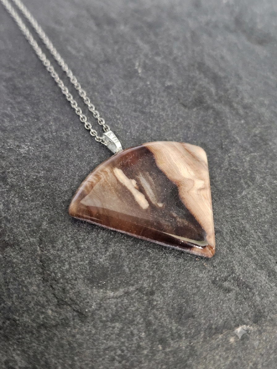 Unique Natural Banded Petrified Wood Triangular Pendant Necklace