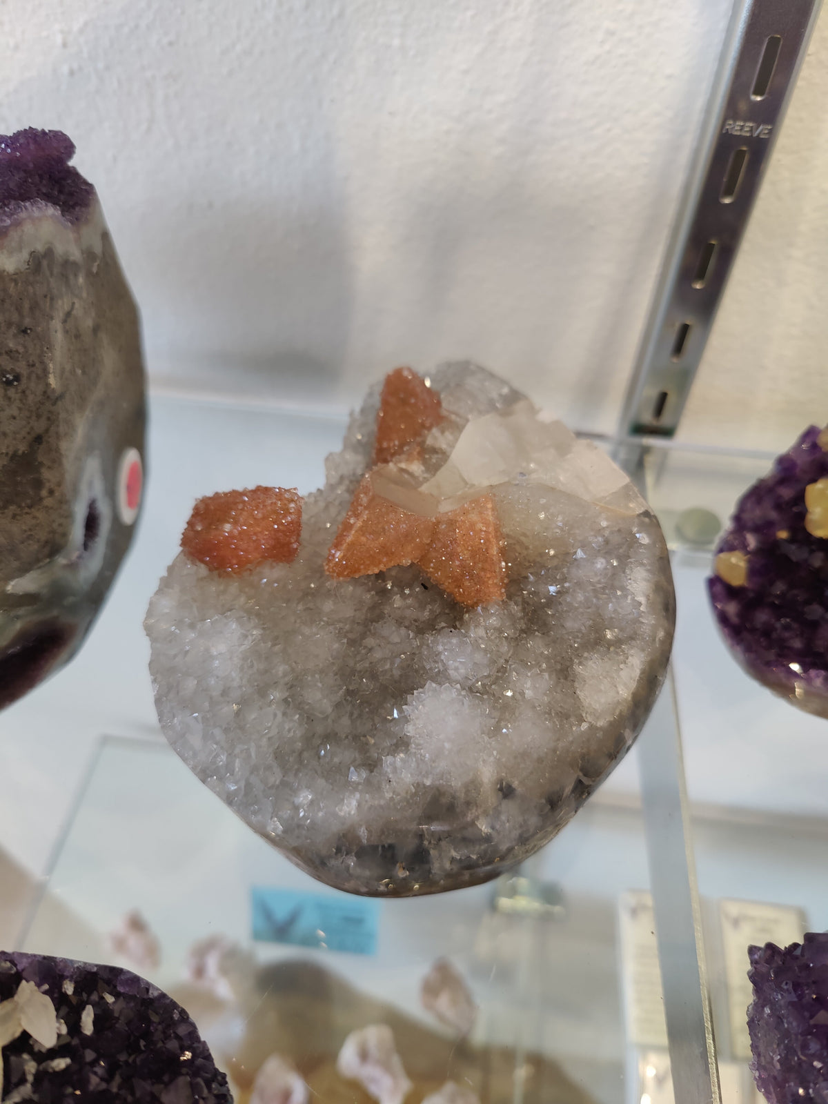 Clear Quartz Geode Sculpture with Coated Calcite Inclusions, 980 g