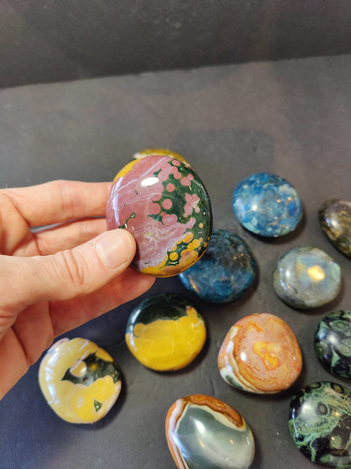 Palm Stone, Polished Ocean Jasper, Apatite, Kambaba, Polychrome or Labradorite - Madagascar