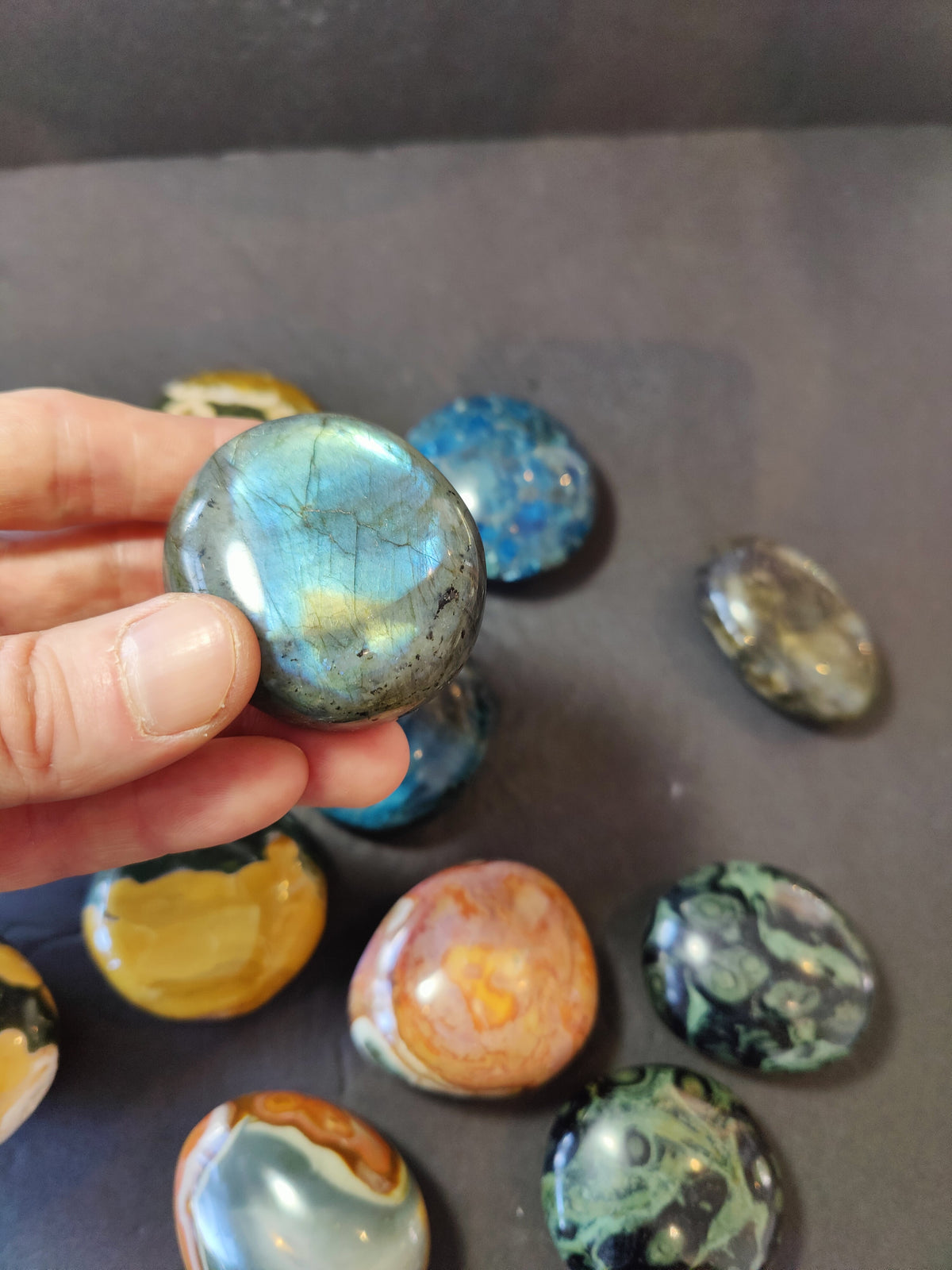 Palm Stone, Polished Ocean Jasper, Apatite, Kambaba, Polychrome or Labradorite - Madagascar