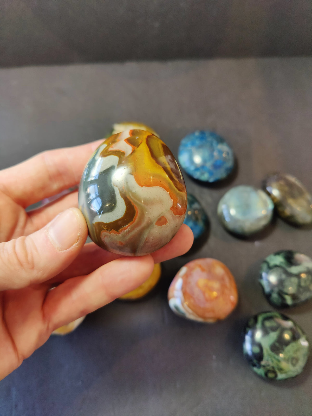 Palm Stone, Polished Ocean Jasper, Apatite, Kambaba, Polychrome or Labradorite - Madagascar
