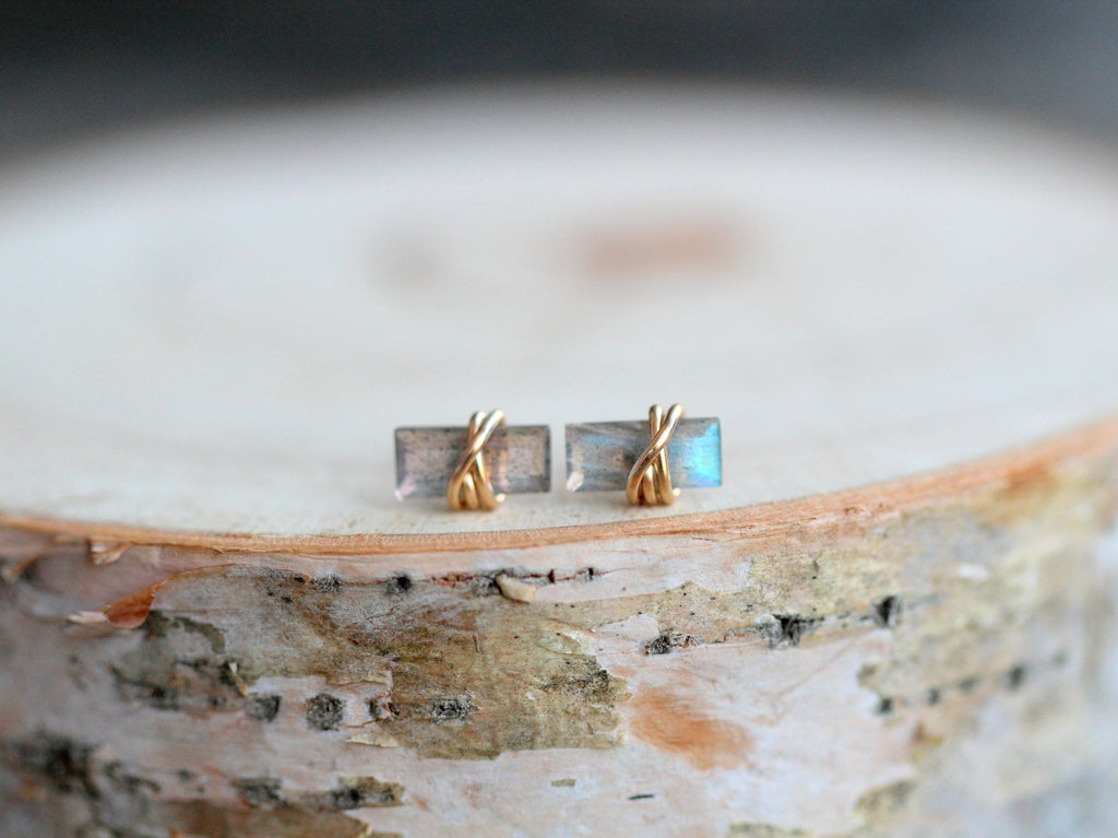 Labradorite Baguette Stud Earrings - Gold Filled, Silver or 14k Gold