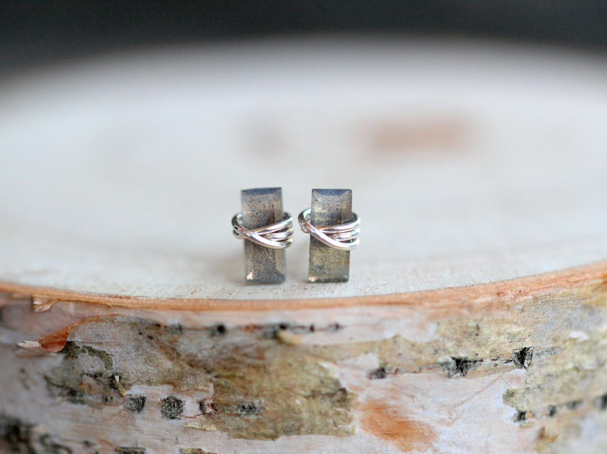 Labradorite Baguette Stud Earrings - Gold Filled, Silver or 14k Gold