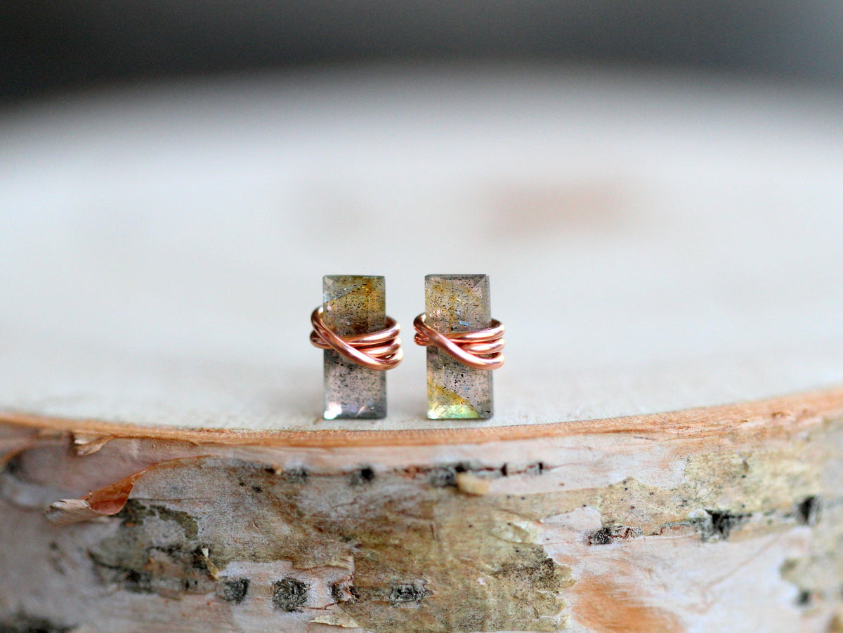 Labradorite Baguette Stud Earrings - Gold Filled, Silver or 14k Gold