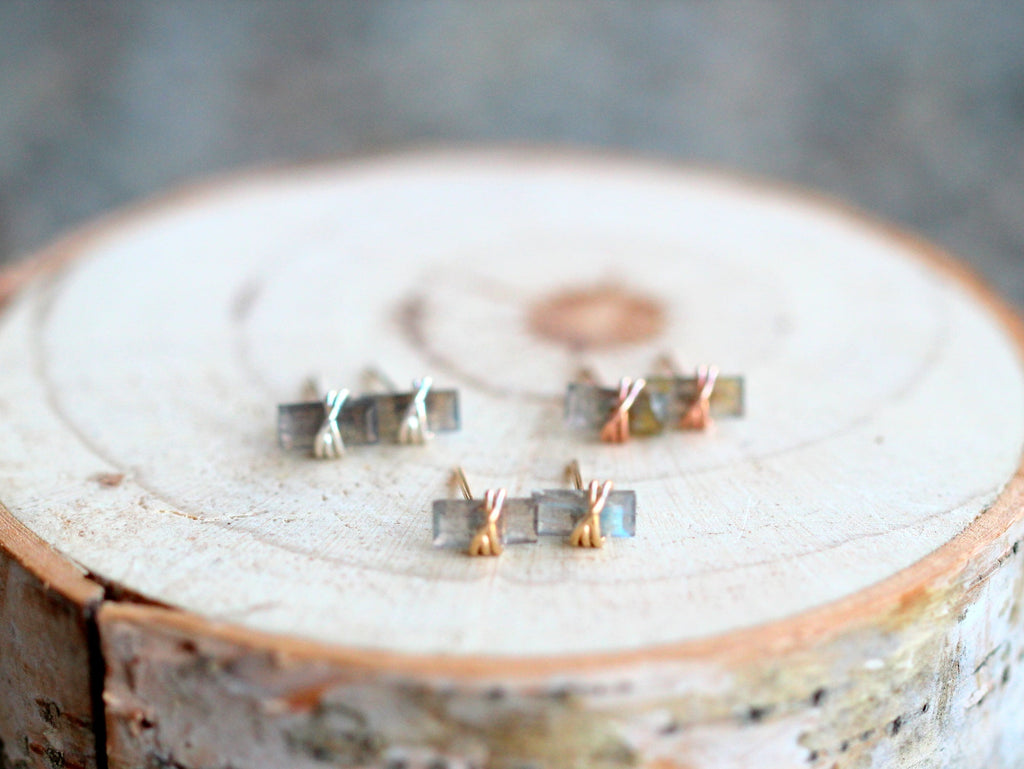 Labradorite Baguette Stud Earrings - Gold Filled, Silver or 14k Gold