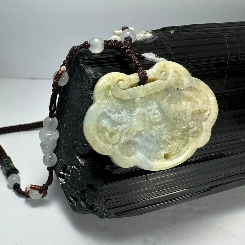 Nephrite Jade Necklace, Carved Dragon & Phoenix Pendant, 14.5 in