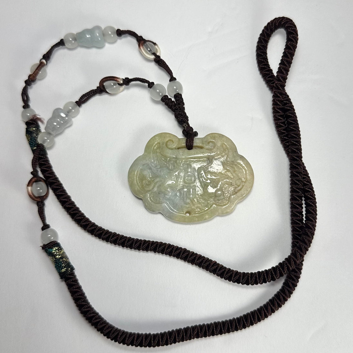 Nephrite Jade Necklace, Carved Dragon & Phoenix Pendant, 14.5 in