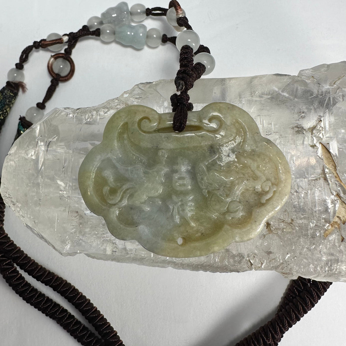 Nephrite Jade Necklace, Carved Dragon & Phoenix Pendant, 14.5 in