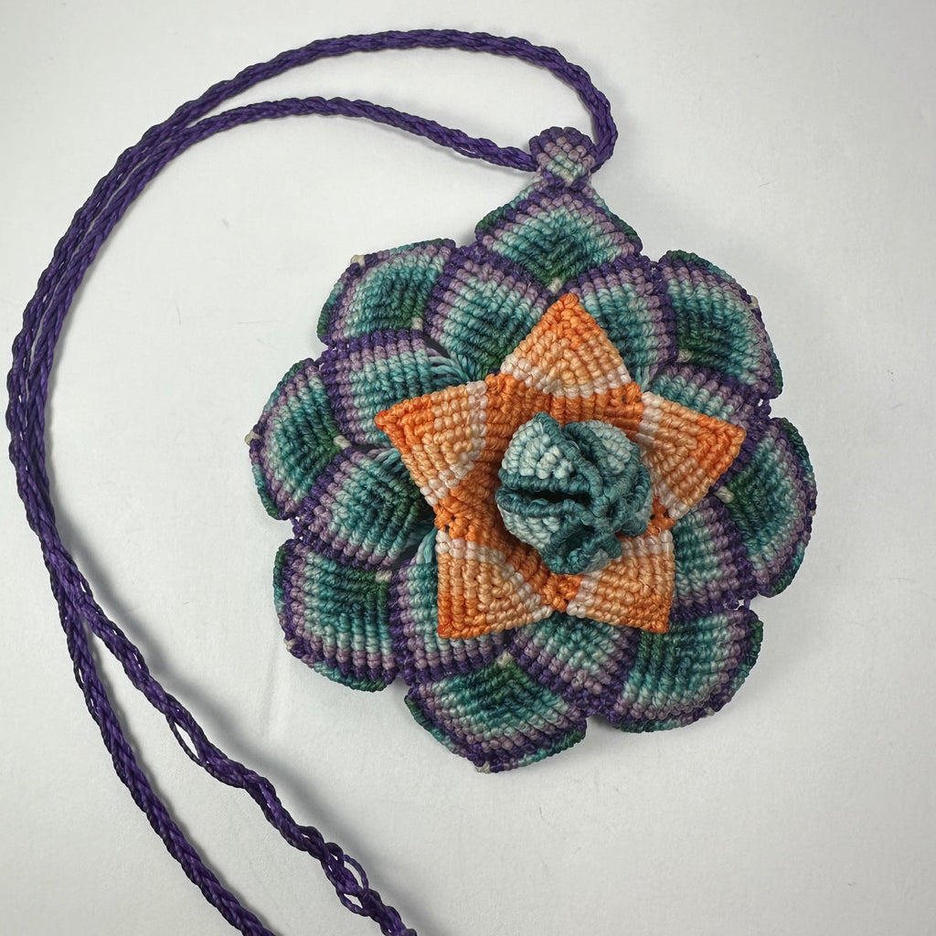 Hematite Bead Necklace, Macramé Flower Pendant on 34 in Cord, 102 mm