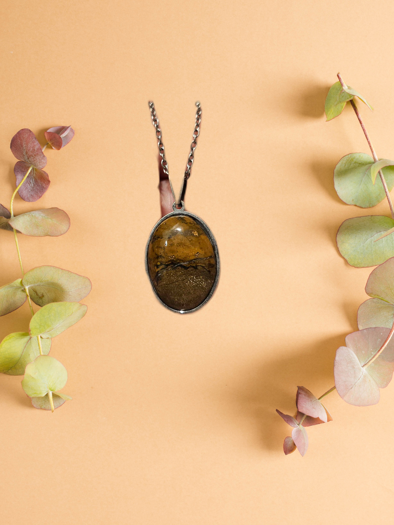 Natural Brown Picture Jasper Oval Pendant Necklace
