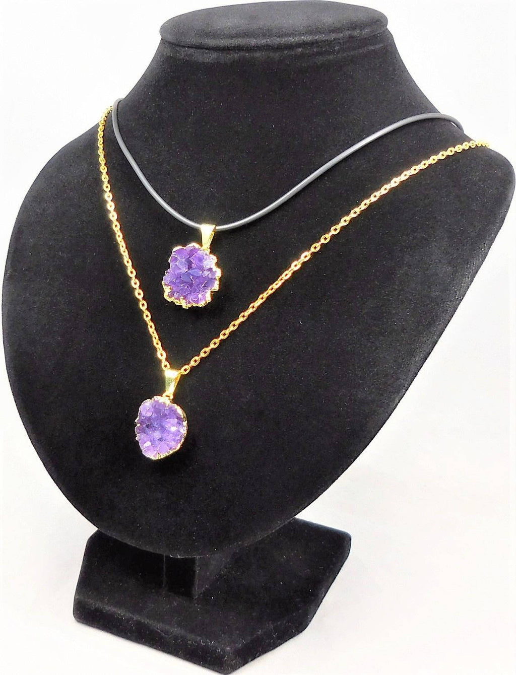 Petite Druzy Amethyst Crystal Cluster Necklace Pendant - Gold Plated Edges