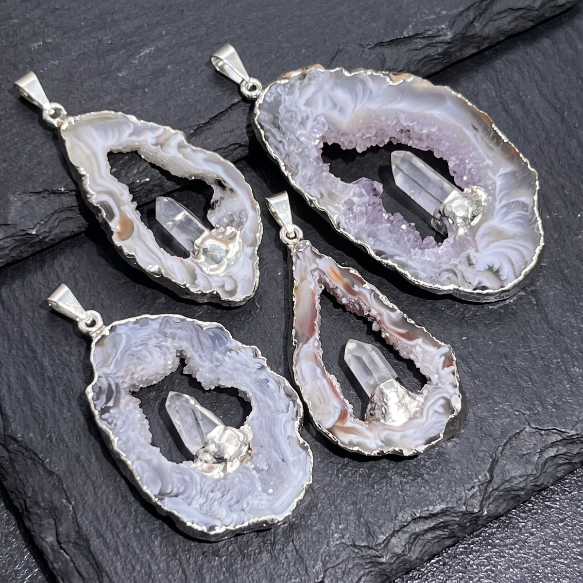 Oco Geode Pendant with Quartz Point - Silver Plated