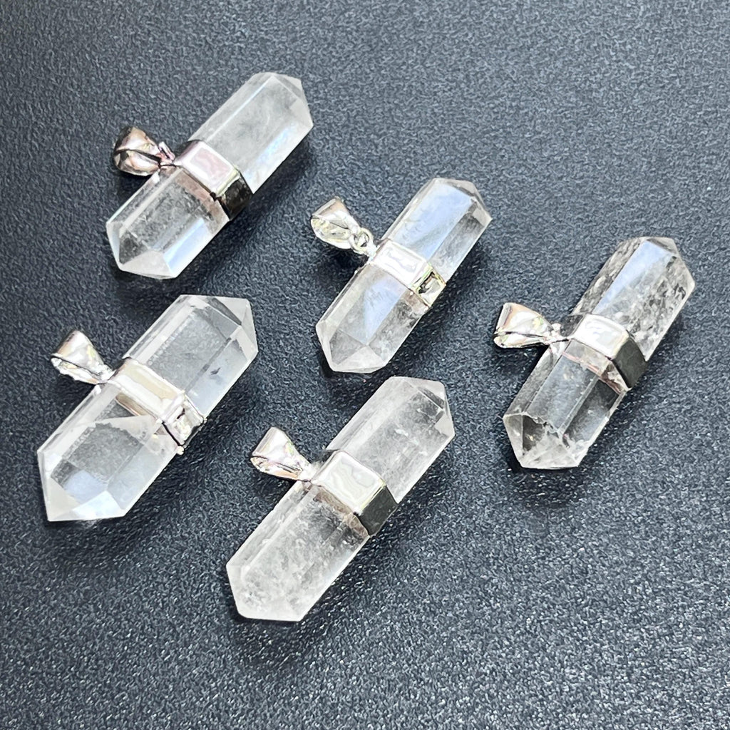 Quartz Crystal Double Terminated Faceted Pendant - Silver Plated