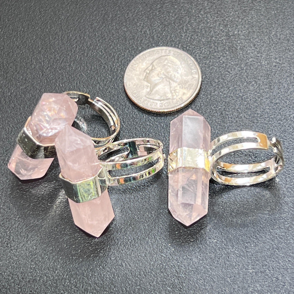Adjustable Pink Rose Quartz Crystal Ring (Silver Plated)