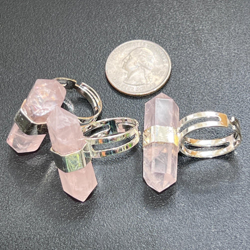 Adjustable Pink Rose Quartz Crystal Ring (Silver Plated)