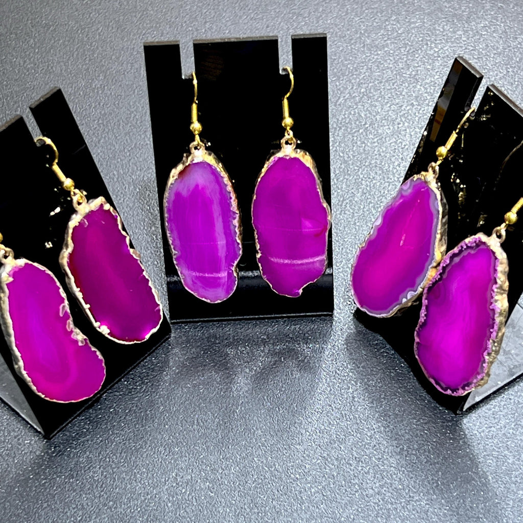 Dyed Pink Agate Slice Earrings, Gold-Plated Edges