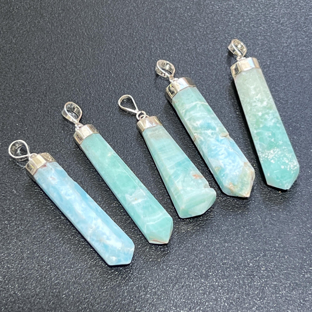 Blue Aragonite Crystal Faceted Point Pendant - 925 Sterling Silver