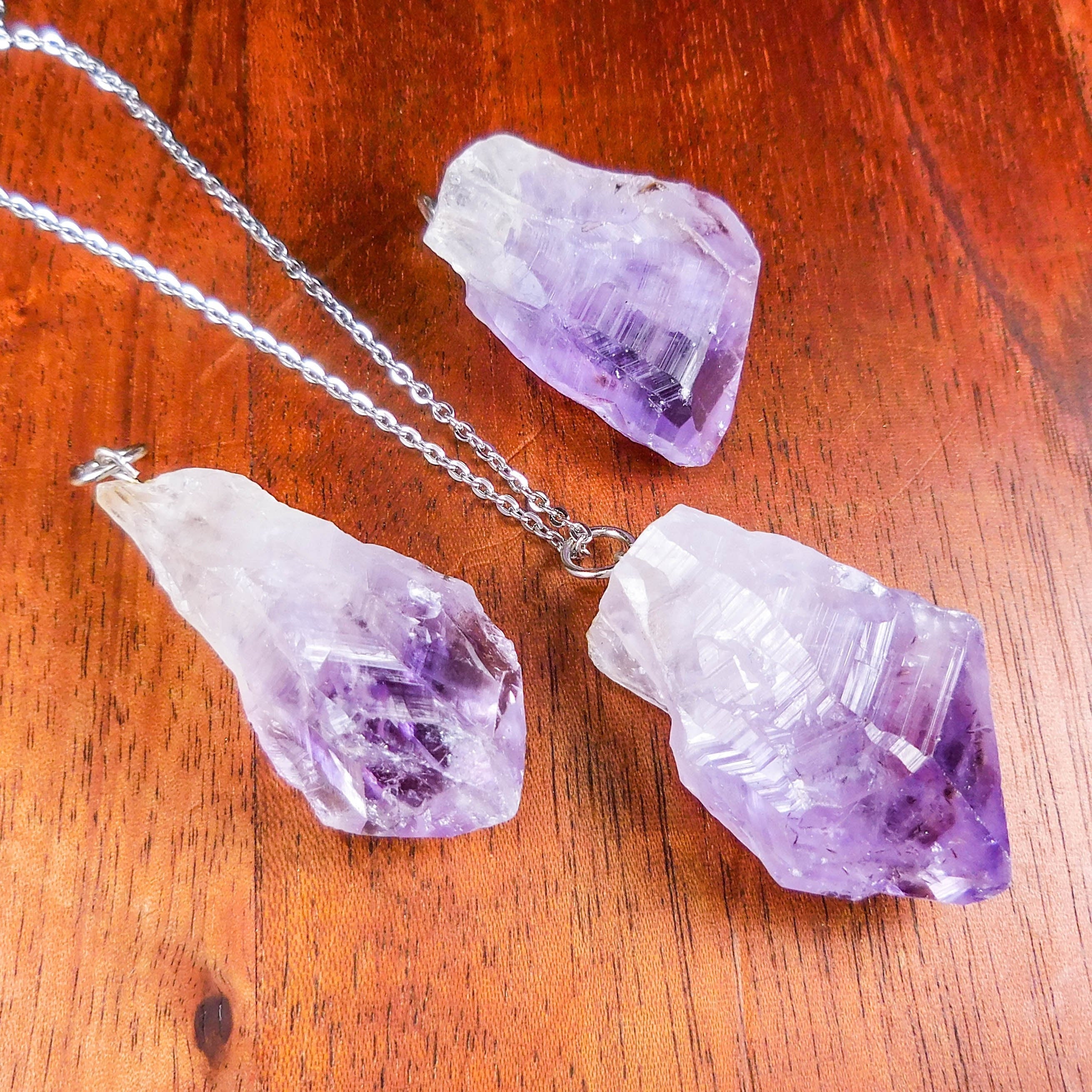 Raw Amethyst Crystal Point Pendant - Silver Jump Ring