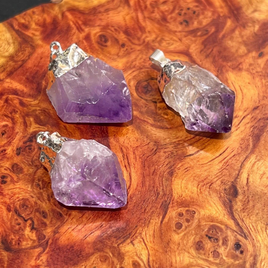 Raw Amethyst Point Pendant - Silver Plated