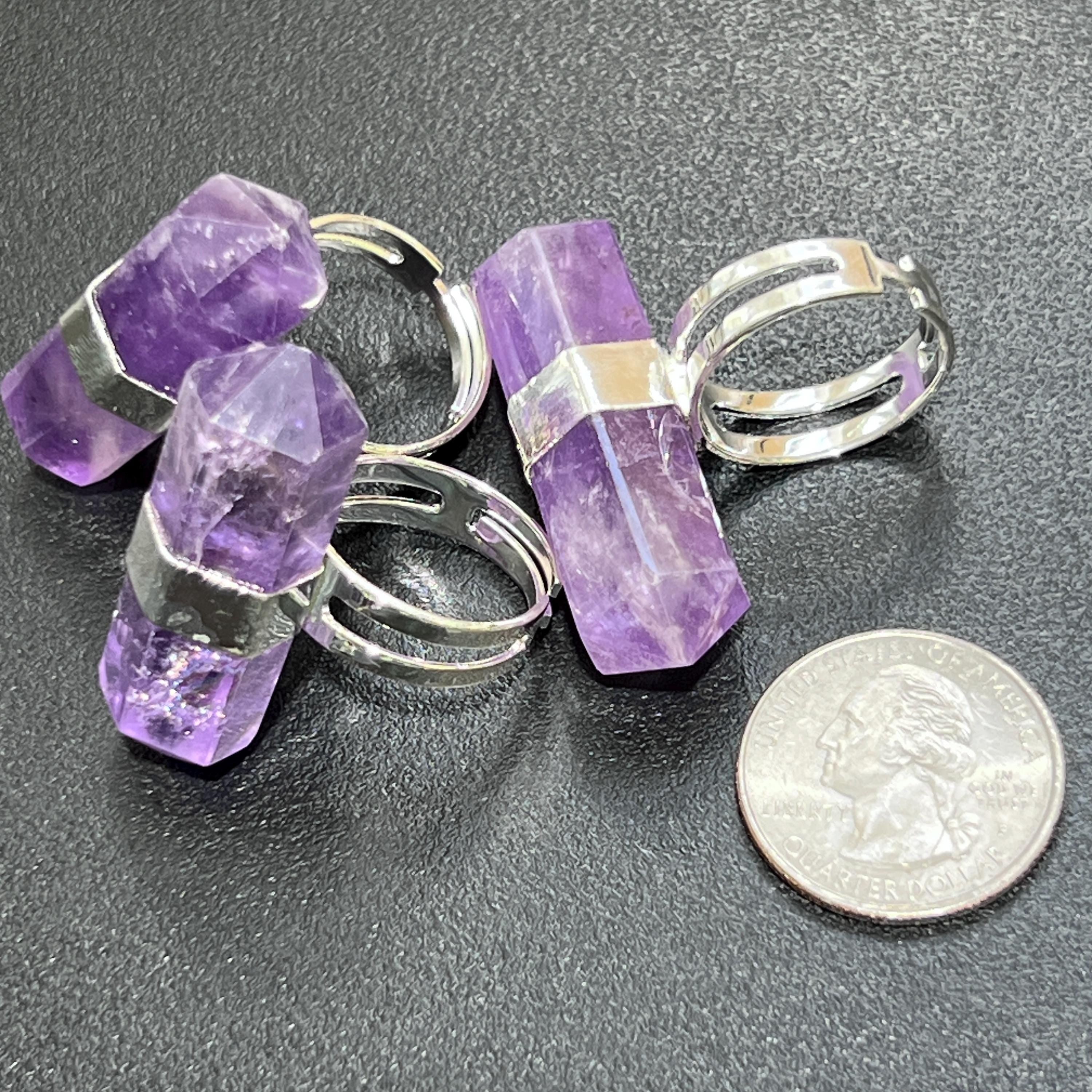 Adjustable Amethyst Crystal Ring (Silver Plated)