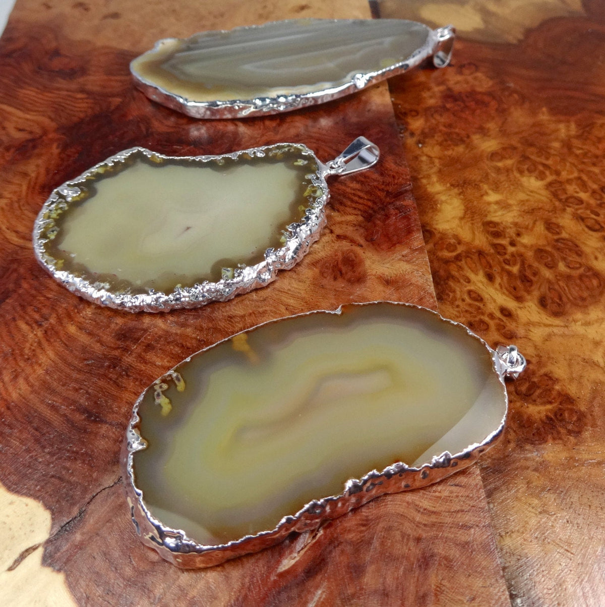 Brown Agate Slice Pendant - Silver Plated Edge