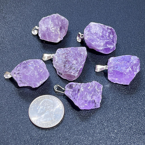 Amethyst Crystal Rough Raw Pendant - Silver Bail