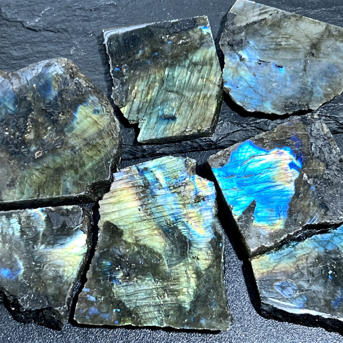 Labradorite Slab Tiles, Flashy Rough Cut, One Side Polished - By the Piece or Pound