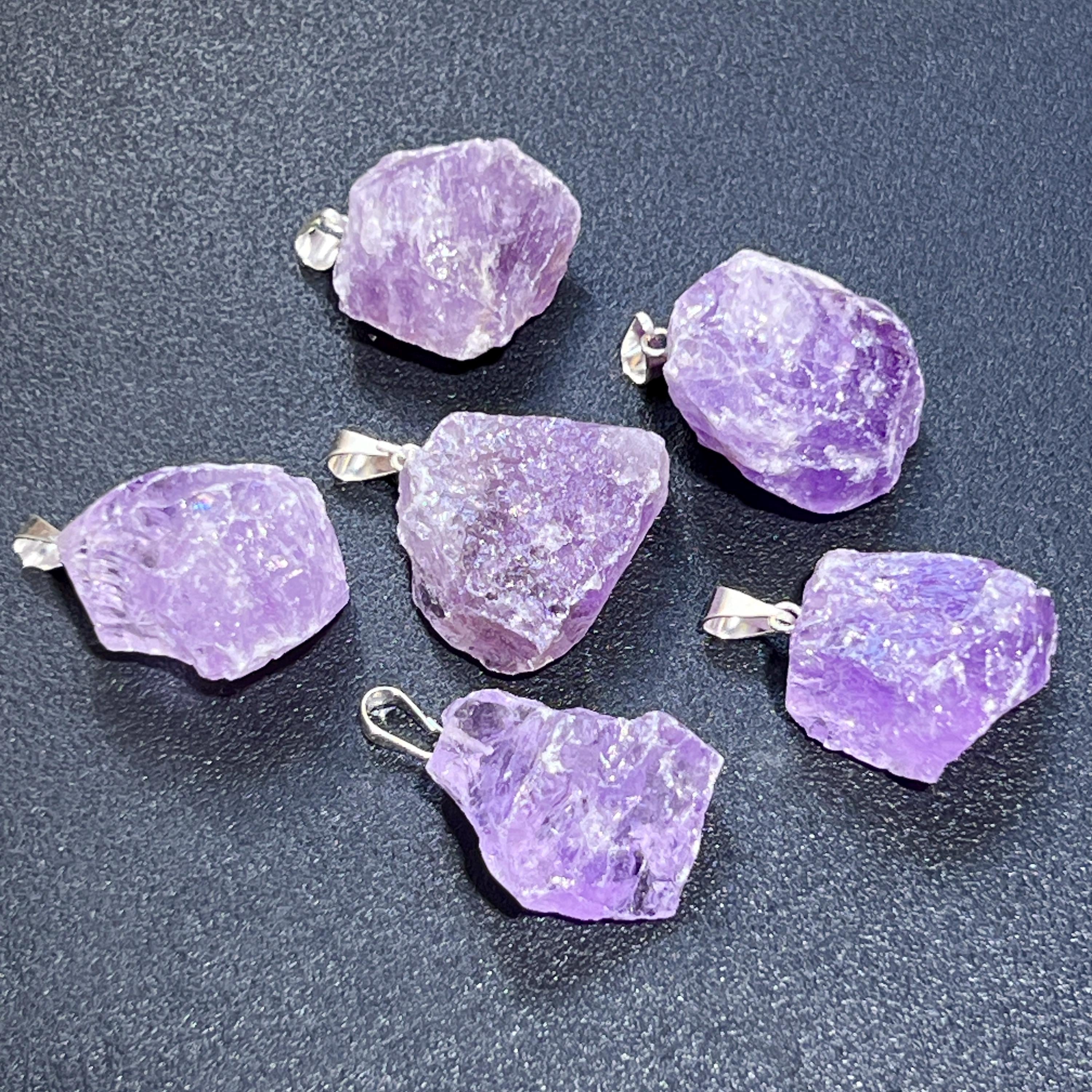 Amethyst Crystal Rough Raw Pendant - Silver Bail
