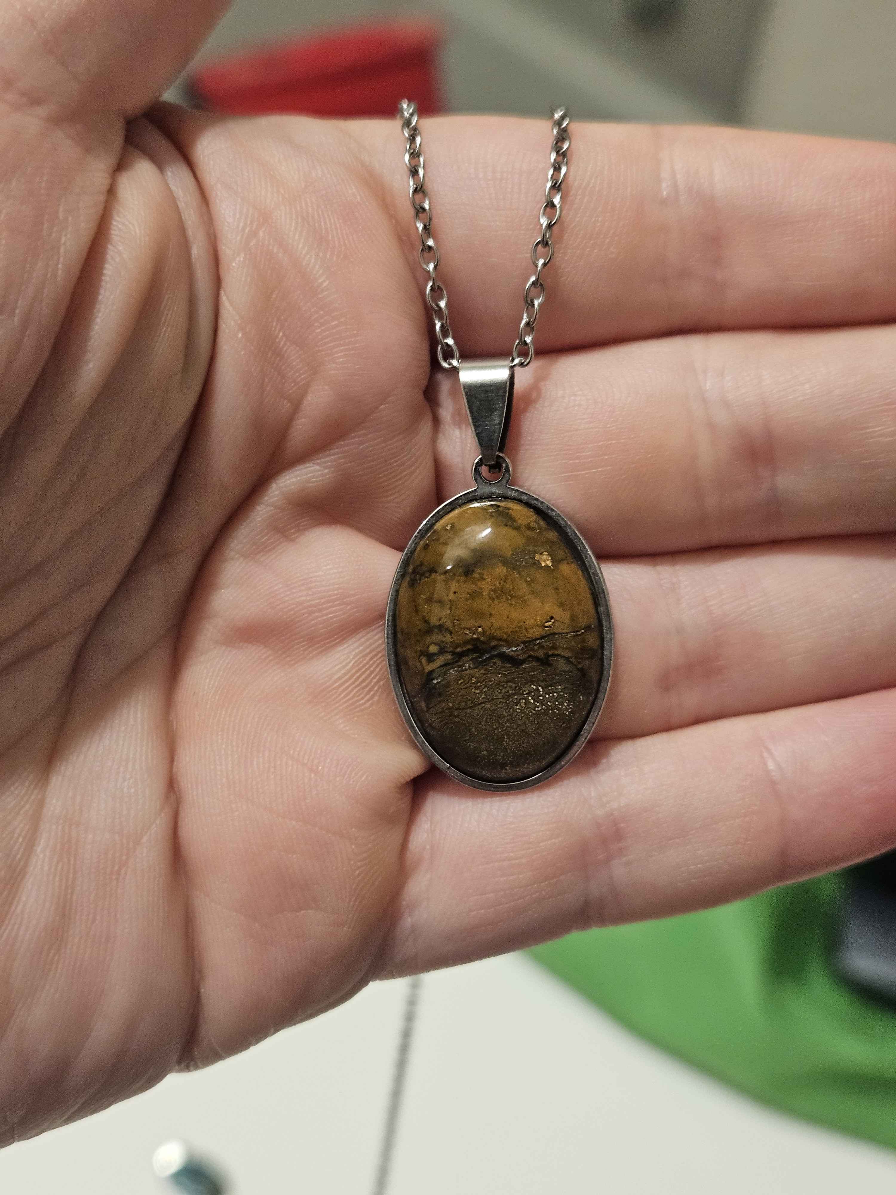 Natural Brown Picture Jasper Oval Pendant Necklace