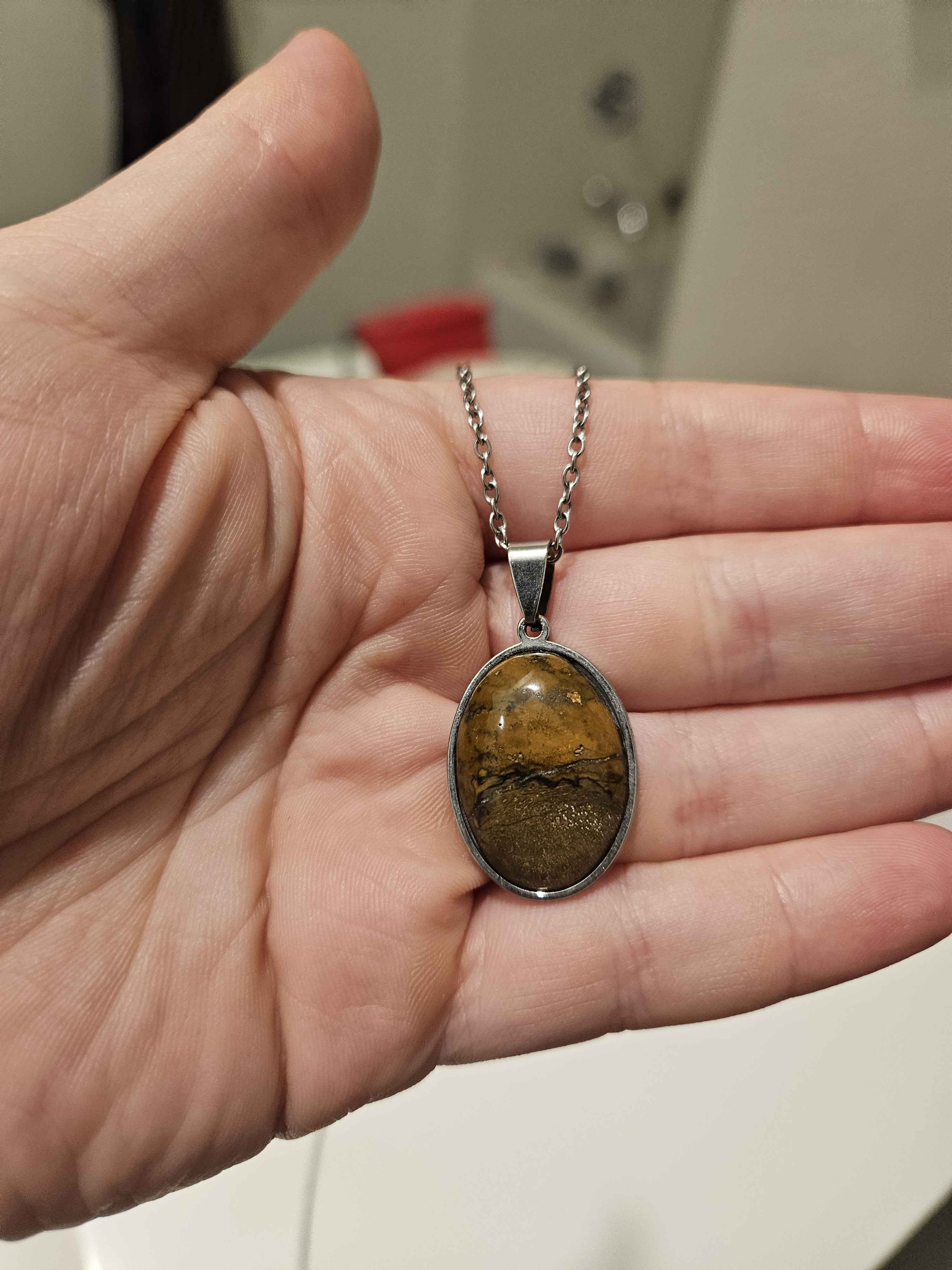 Natural Brown Picture Jasper Oval Pendant Necklace
