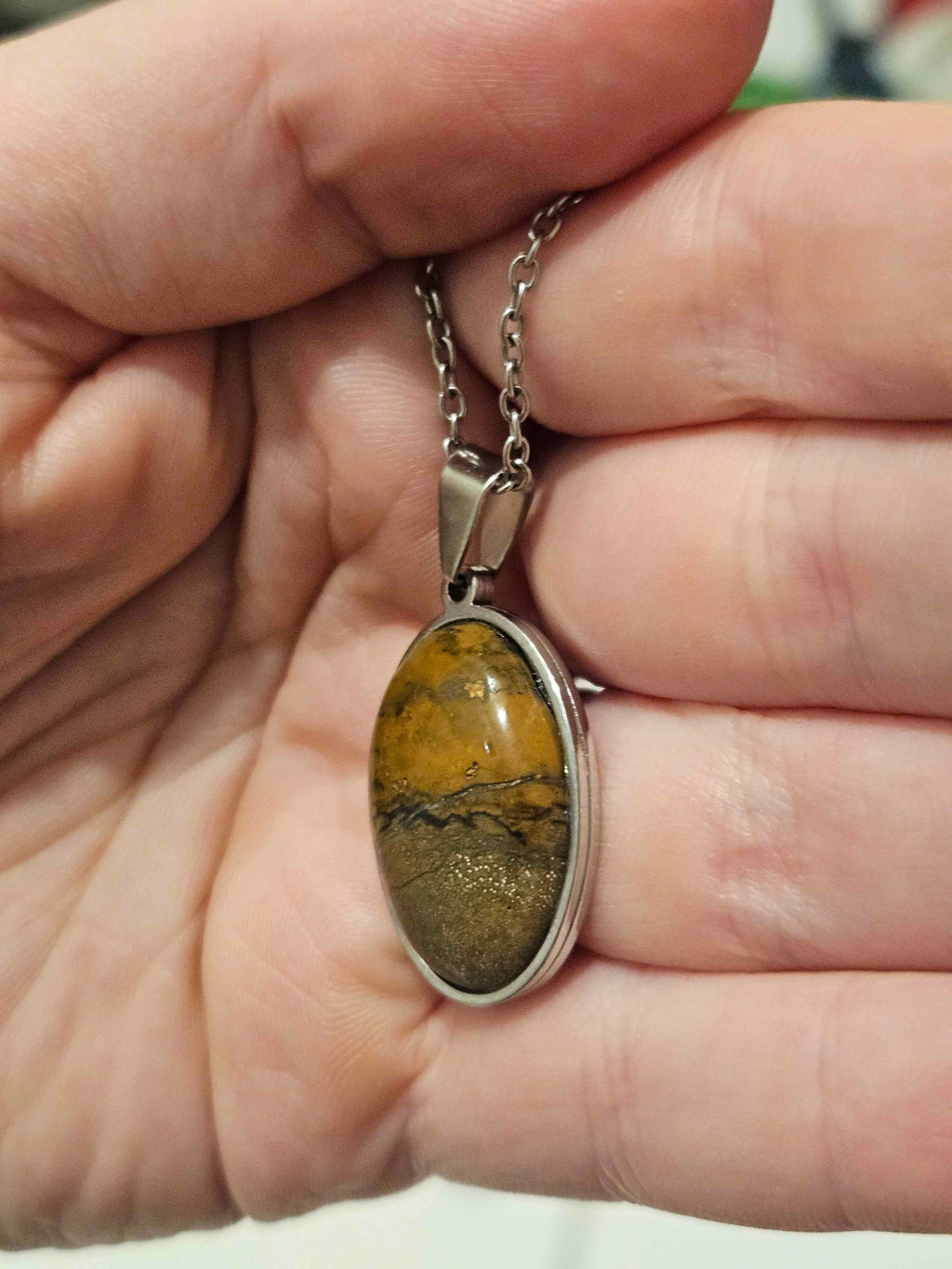 Natural Brown Picture Jasper Oval Pendant Necklace