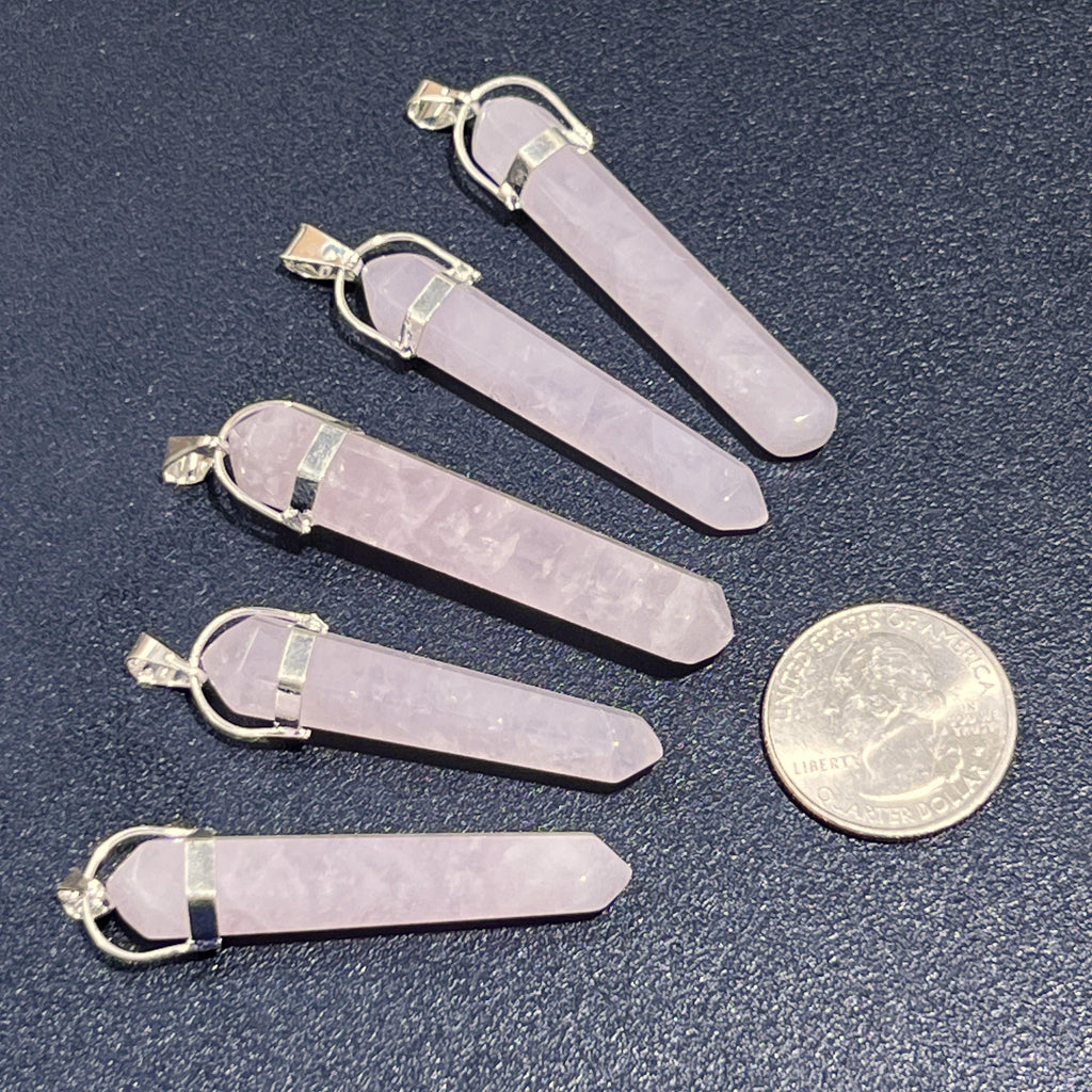 Long Thin Rose Quartz Point Pendant - Silver Plated