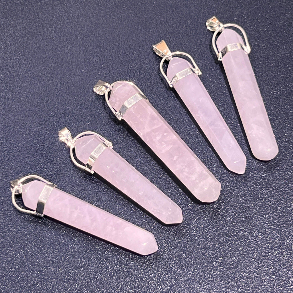 Long Thin Rose Quartz Point Pendant - Silver Plated