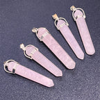 Long Thin Rose Quartz Point Pendant - Silver Plated