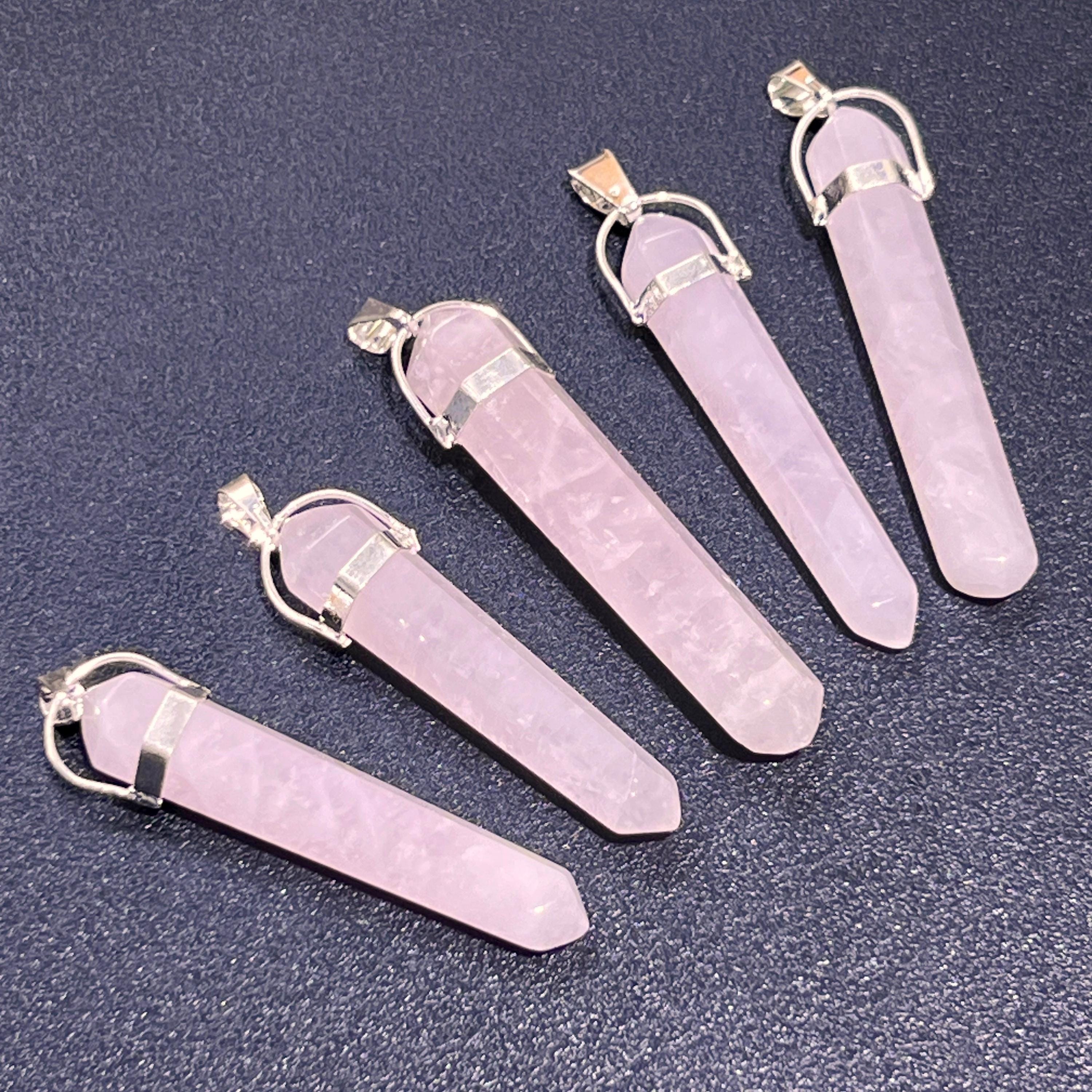 Long Thin Rose Quartz Point Pendant - Silver Plated