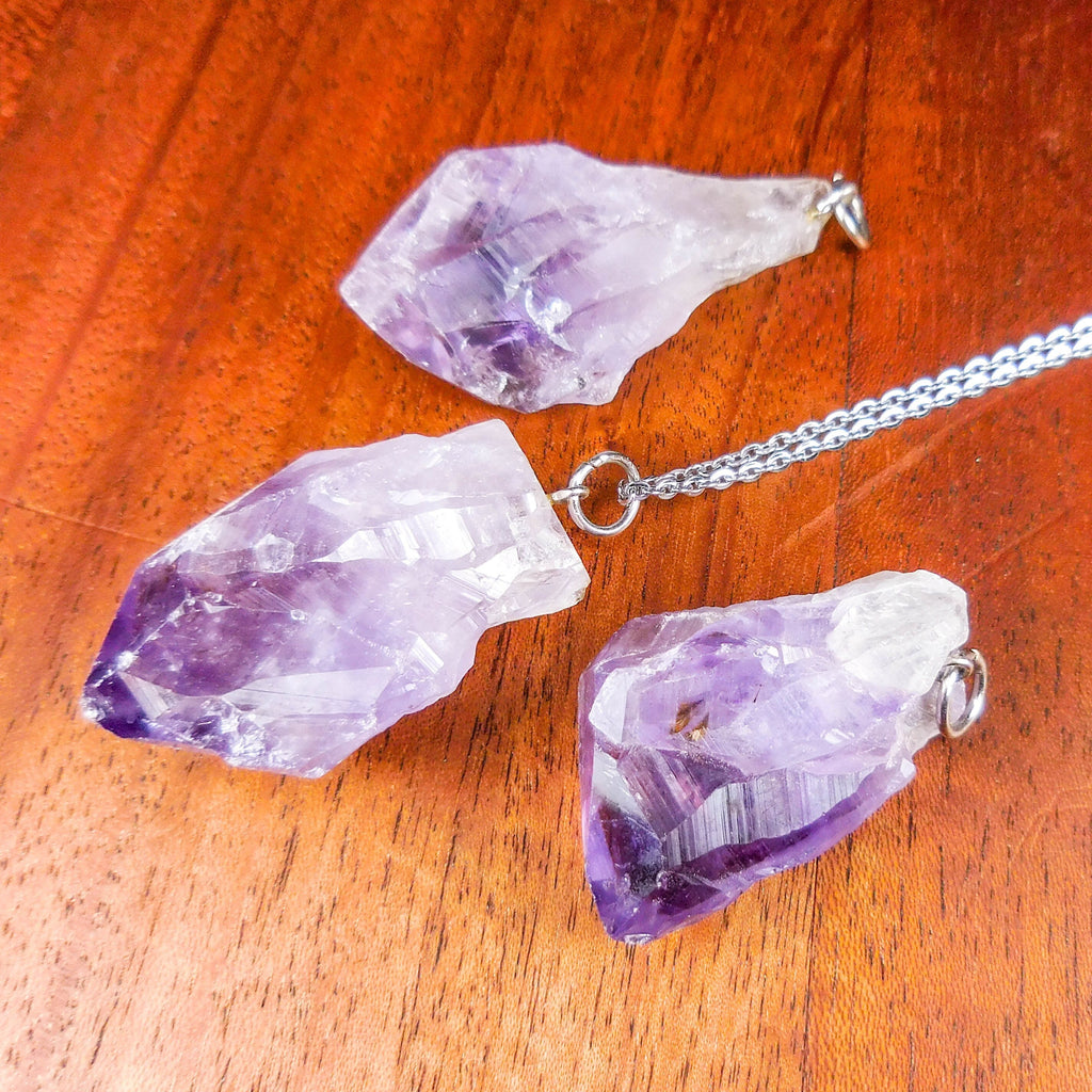 Raw Amethyst Crystal Point Pendant - Silver Jump Ring
