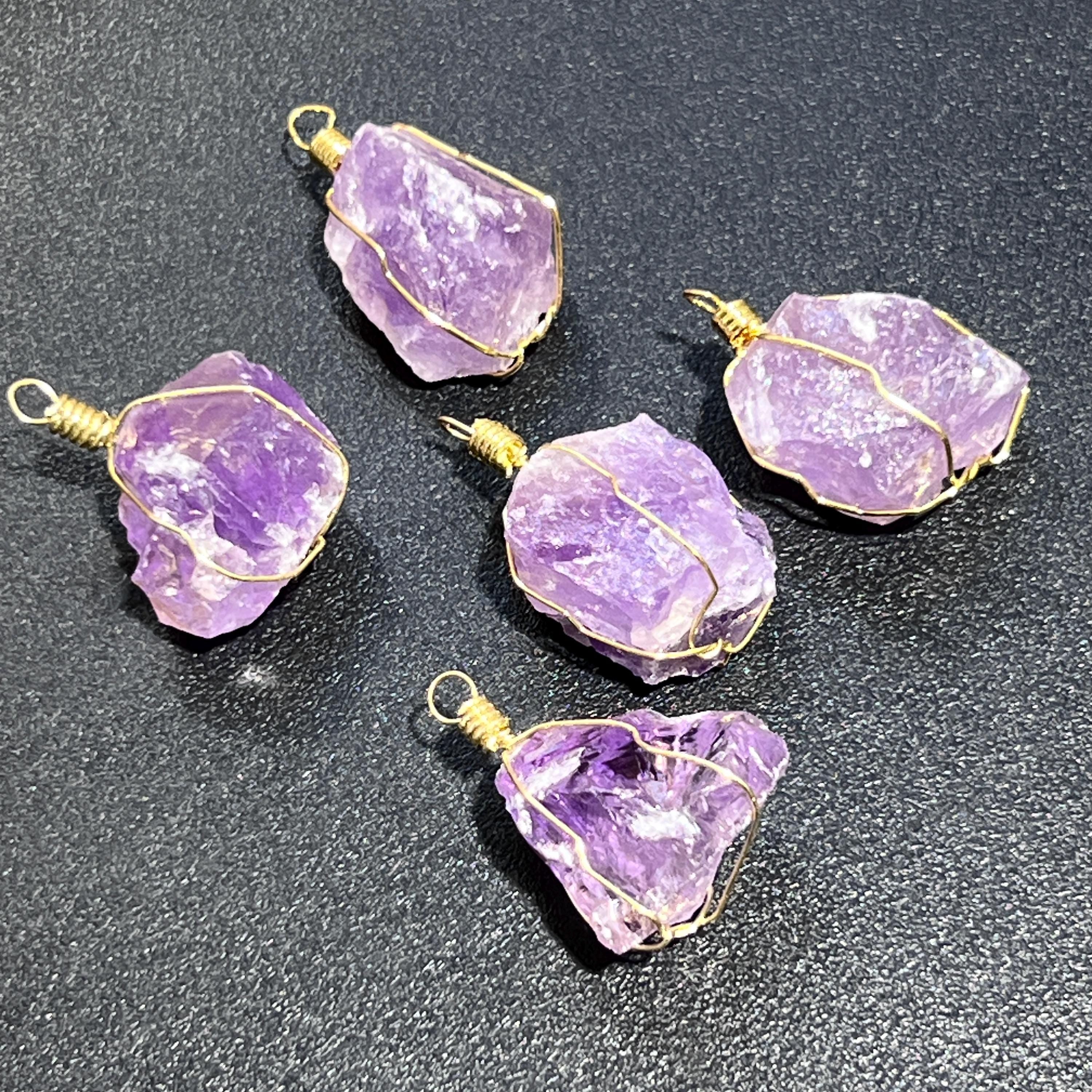 Rough Amethyst Crystal Pendant - Gold Plated Wire Wrapped