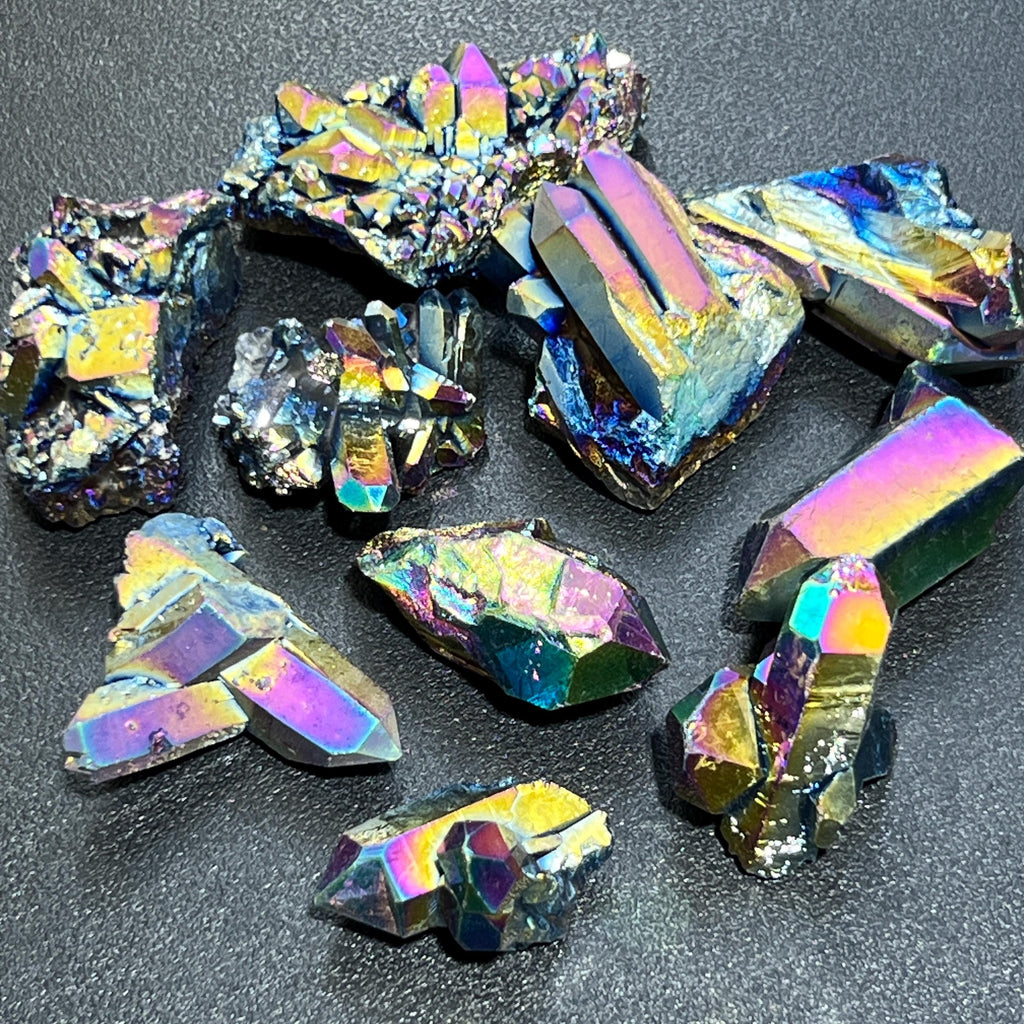 Titanium Aura Quartz Cluster, Rainbow Coated Crystal Specimen, 1–2 in — Brazil