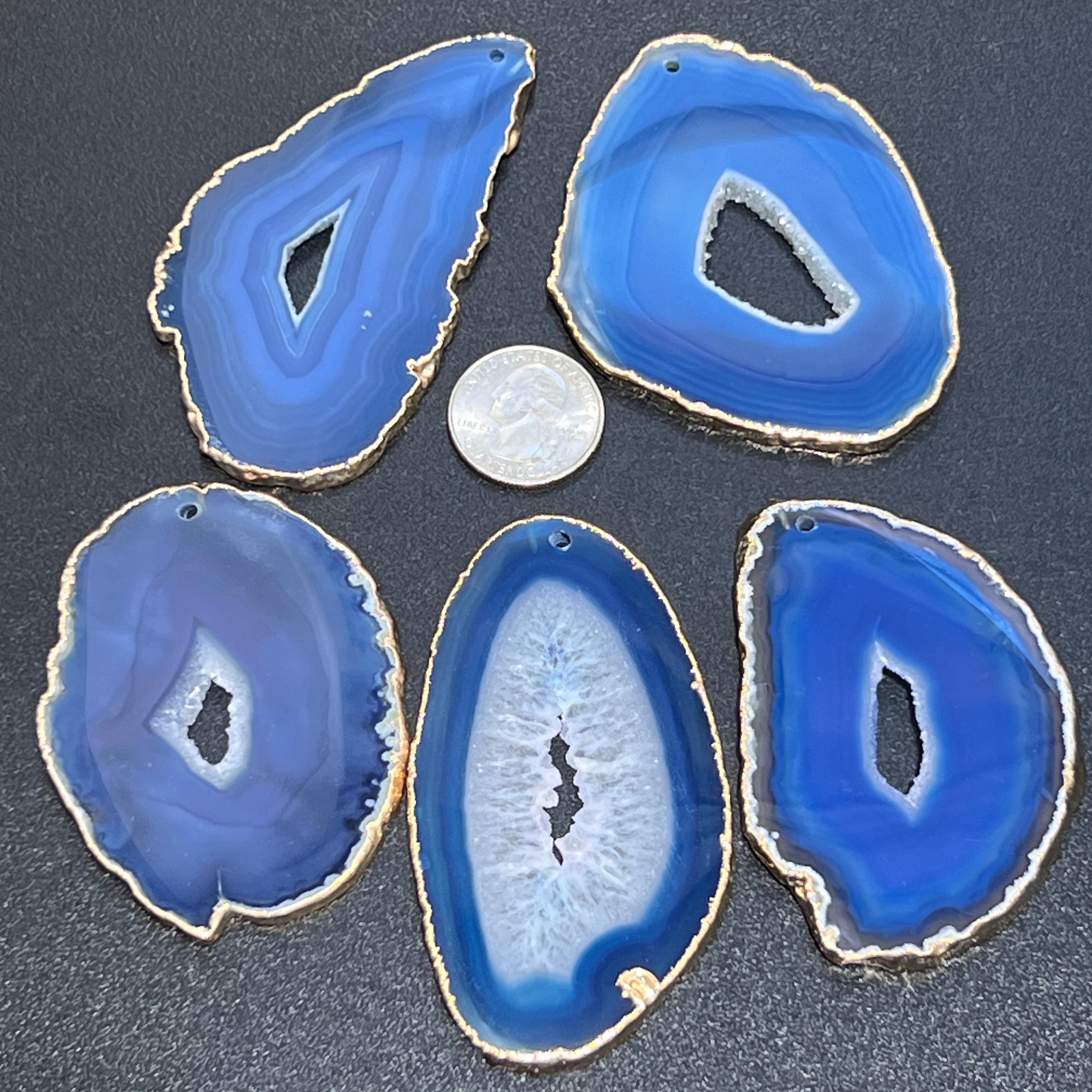 Blue Agate Slice with 2mm Drilled Holes - Gold Plated Edges
