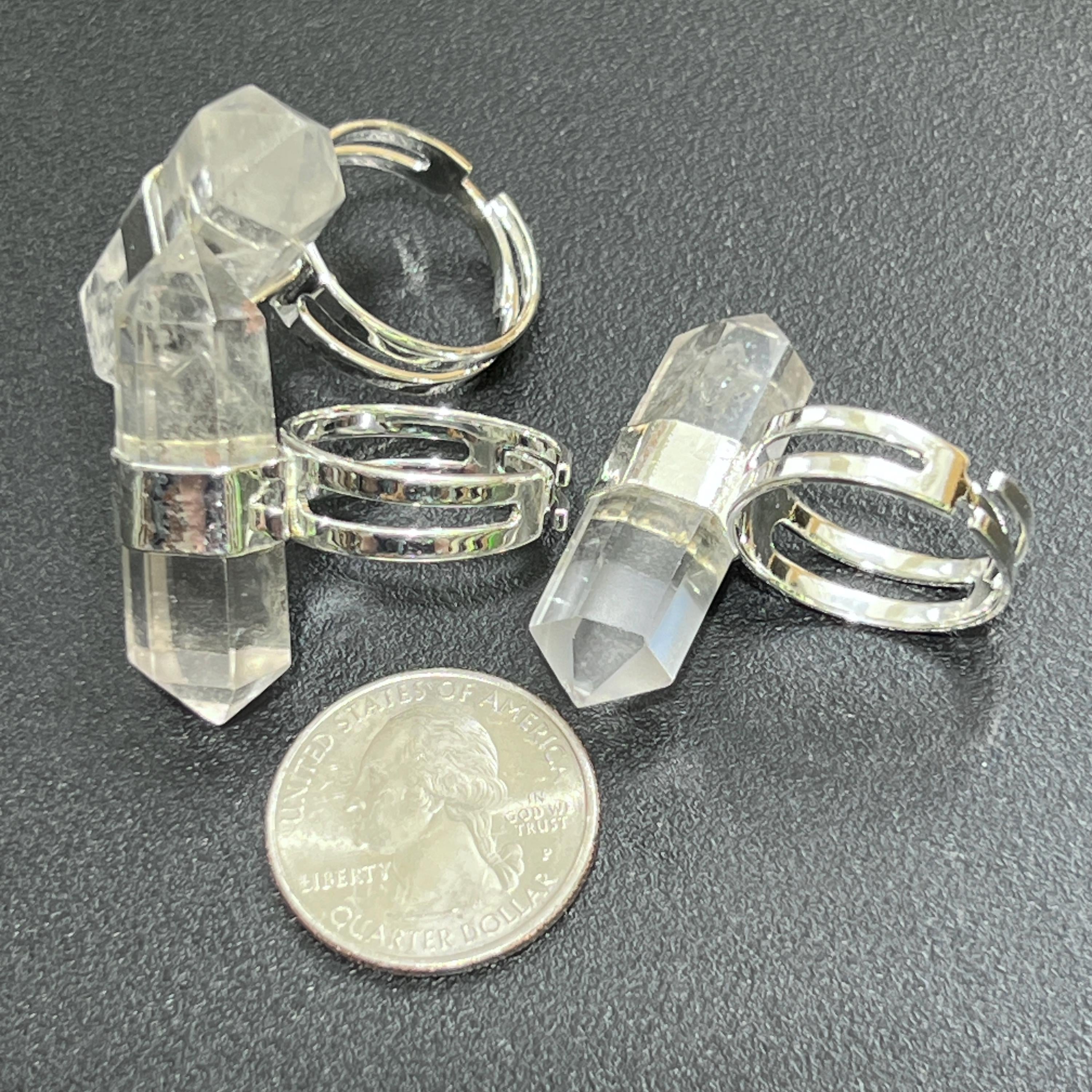 Adjustable Clear Quartz Crystal Ring (Silver Plated)