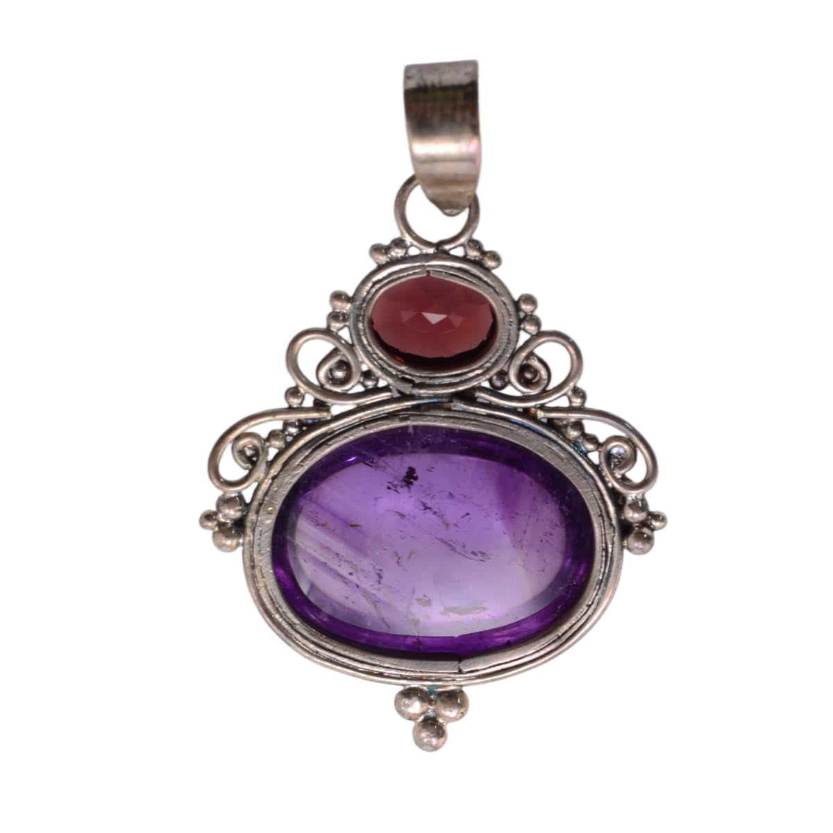 Sterling Silver Amethyst Cabochon Pendant with Garnet Accent - 18x31mm Oxidized Statement Focal