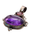 Sterling Silver Amethyst Cabochon Pendant with Garnet Accent - 18x31mm Oxidized Statement Focal